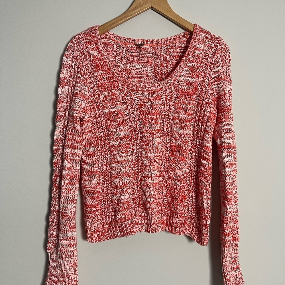 Free People | Orange White Cozy Cotton Chunky Cable Knit Sweater, M